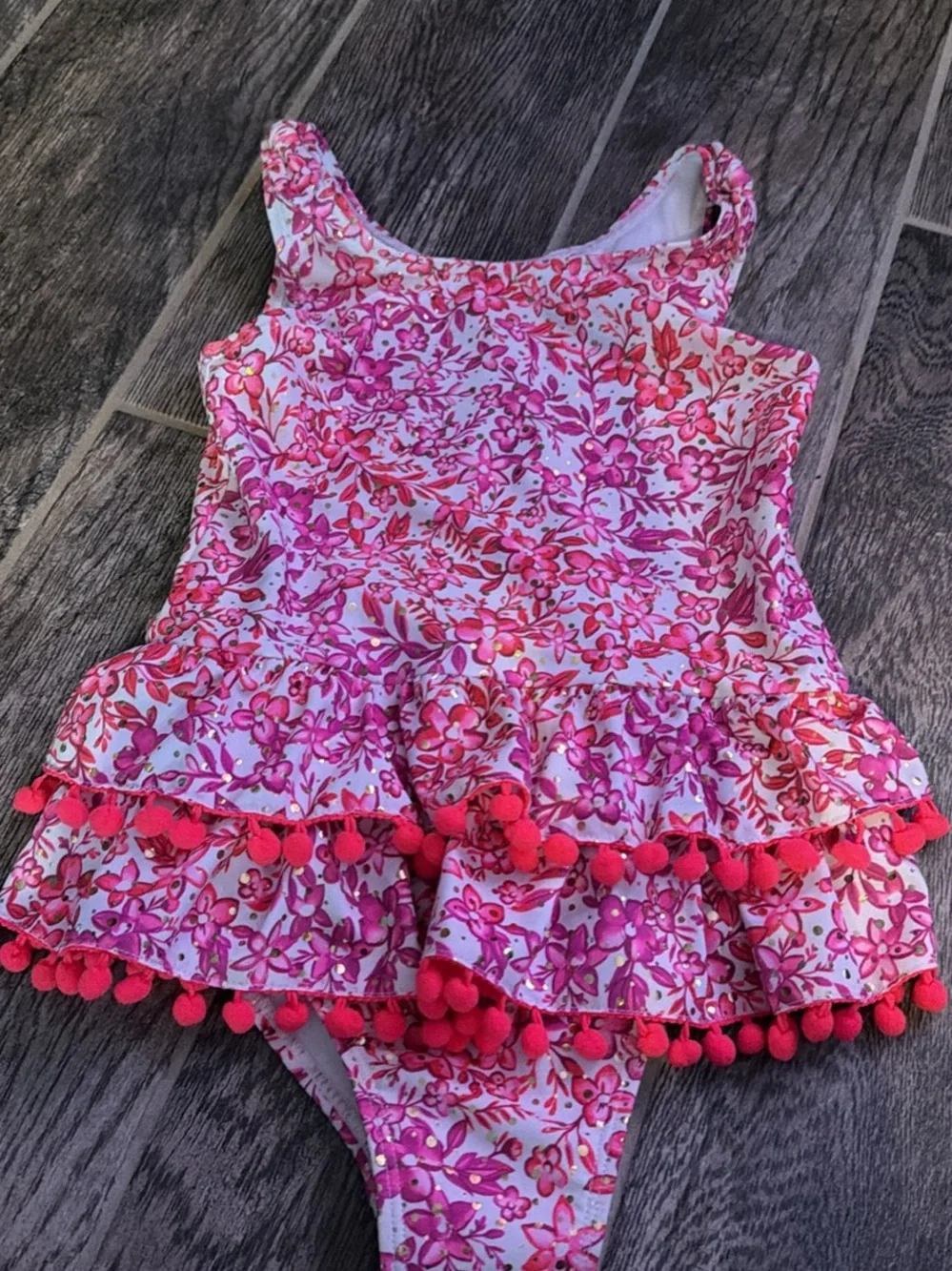 Nicole by Nicole Miller Girls Pink Floral One-Piece Swimsuit with Pom Trim